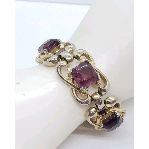 Vintage Link Bracelet Gold Wash Big Purple faceted Glass Stones Chunky Wide 60s - Picture 2 of 10